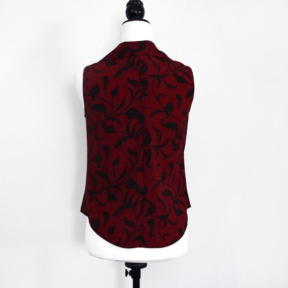 Vintage Deep Red Sleeveless Blouse Rayon, Floral Print - Picture 3 of 5